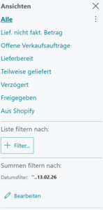 Ansichten im Filterbereich in Business Central