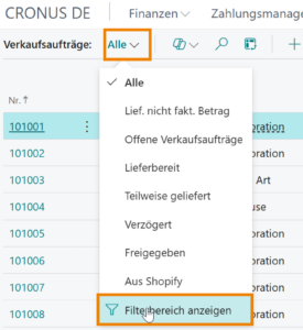 Filtern einer Liste in Business Central
