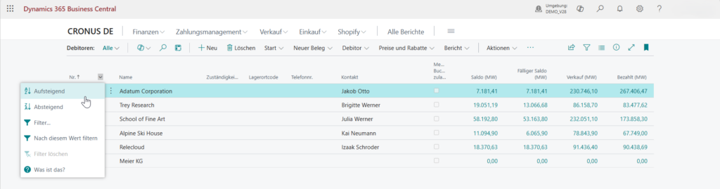 Sortieren einer Liste in Business Central
