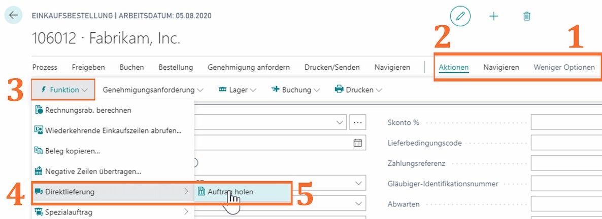 Direktlieferung in Dynamics 365 Business Central: Anlage der Einkaufsbestellung