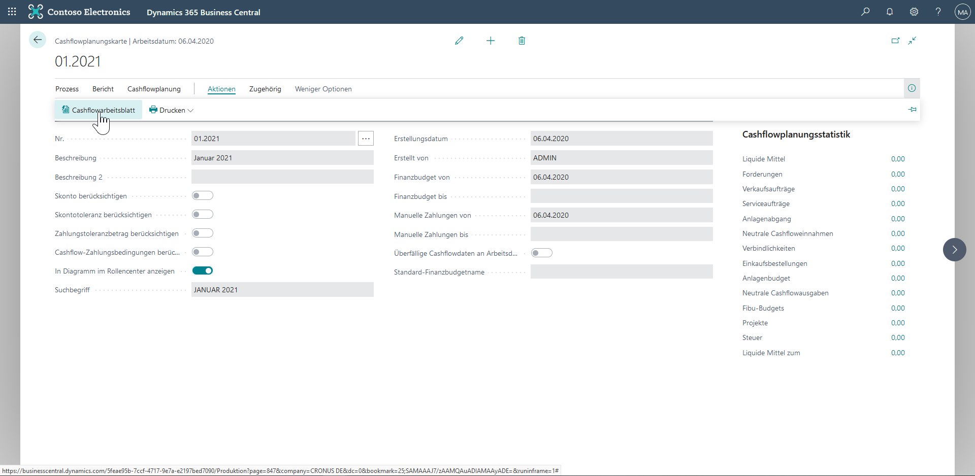 Cashflowplanung in Dynamics 365 Business Central - Cashflowarbeitsblatt