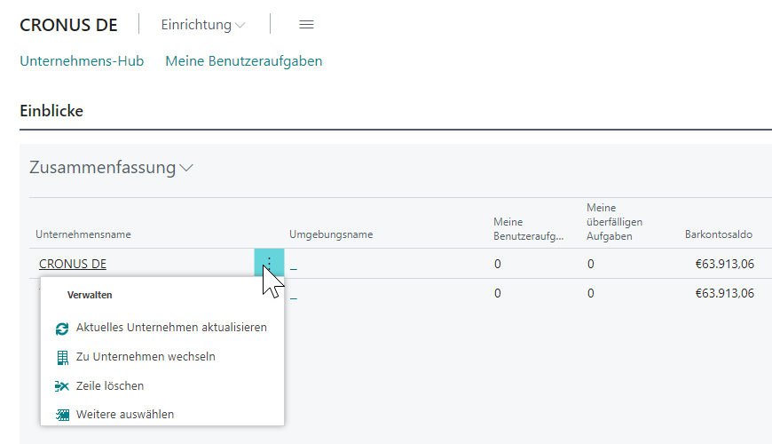 Unternehmenshub in Dynamics 365 Business Central