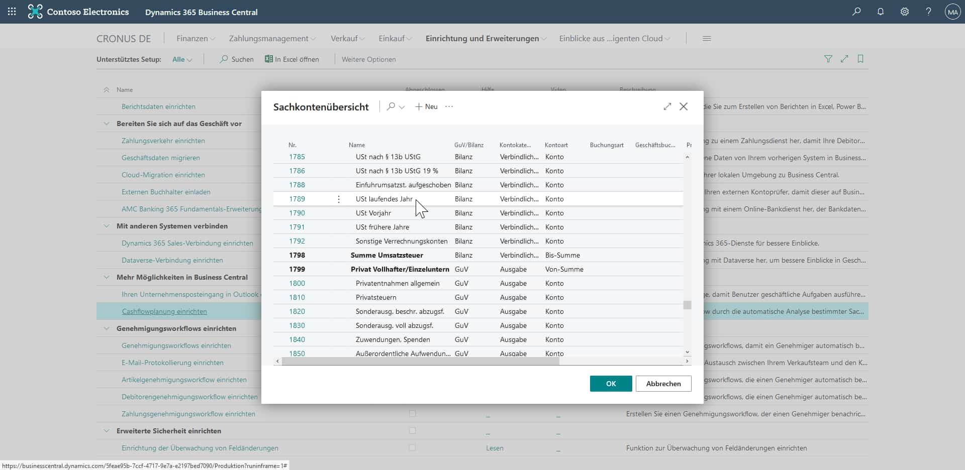 Cashflowplanung in Dynamics 365 Business Central - Unterstütztes Setup – Kontoauswahl