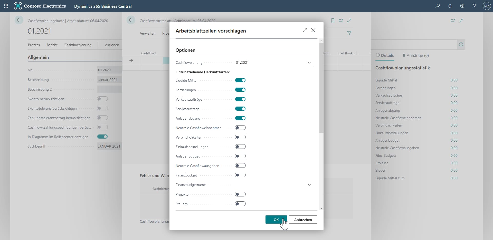 Cashflowplanung in Dynamics 365 Business Central - Cashflowarbeitsblatt - Daten wählen