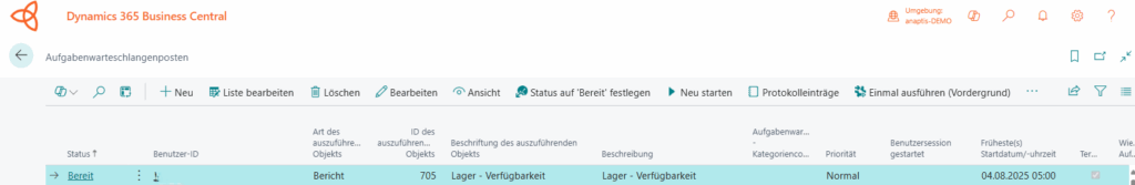 Aufgabenwarteschlangenposten in Business Central