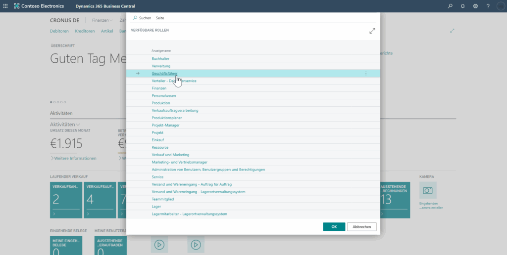 Verfügbare Rollen in Business Central