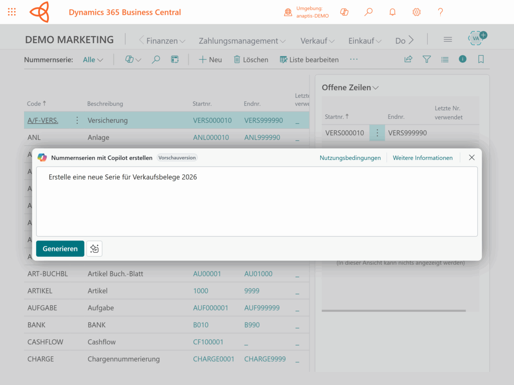 Prompt für die Generierung der Nummernserie eingeben