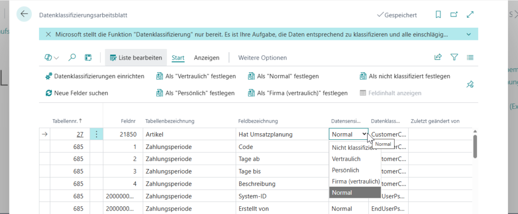 Ändern der Klassifizierung in Business Central