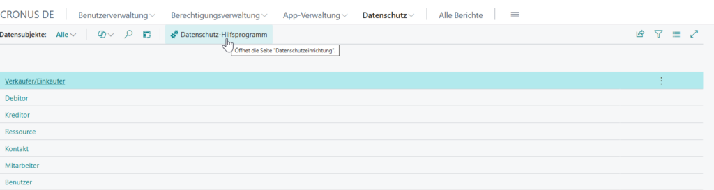 Aufruf des Datenschutz-Hilfsprogramms in Business Central