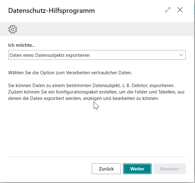 Start des Datenschutzexports im Datenschutz-Hilfsprogramm