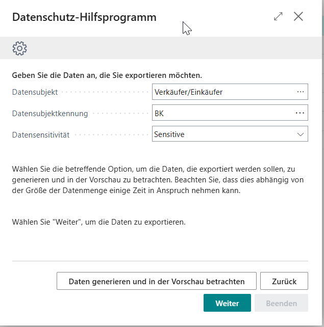 Wahl der zu exportierenden Daten im Datenschutz-Hilfsprogramm