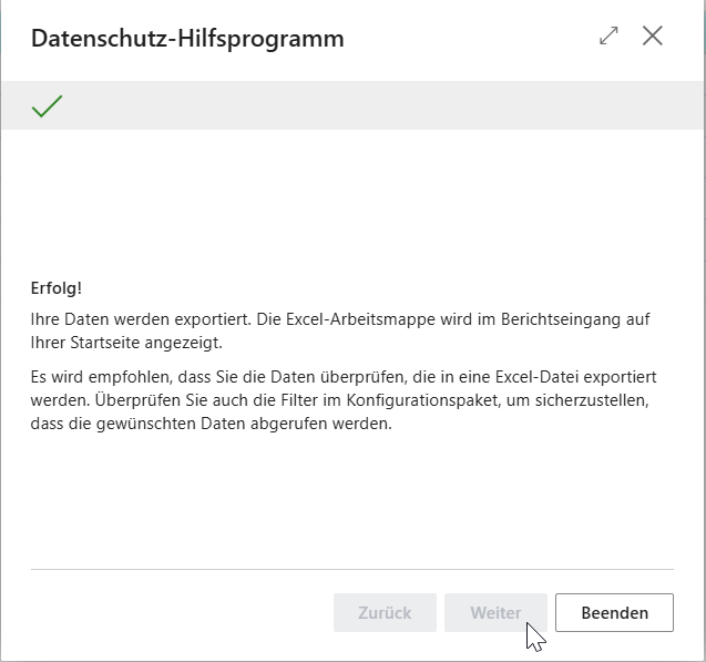 Erfolgreicher Export im Datenschutz-Hilfsprogramm